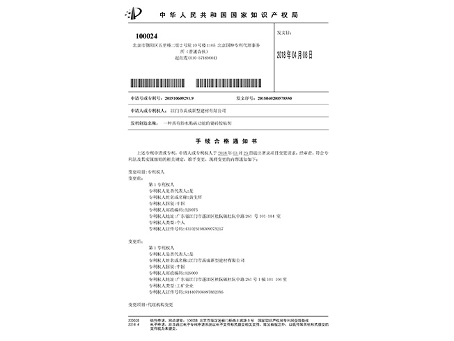 瓷磚膠粘劑專利變更